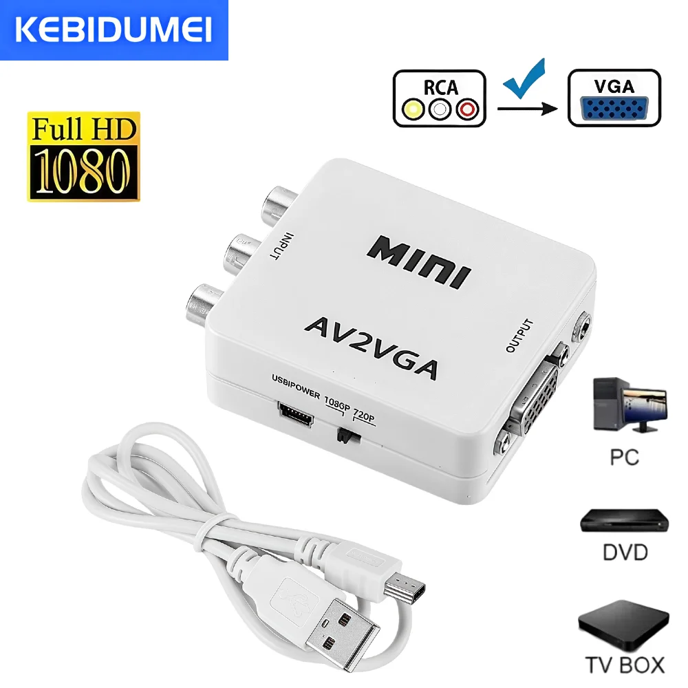 

Мини-видеоконвертер 1080P RCA AV в VGA Видеоконвертер с аудио 3,5 мм AV2VGA/CVBS аудио в ПК HD Компьютер в телевизор