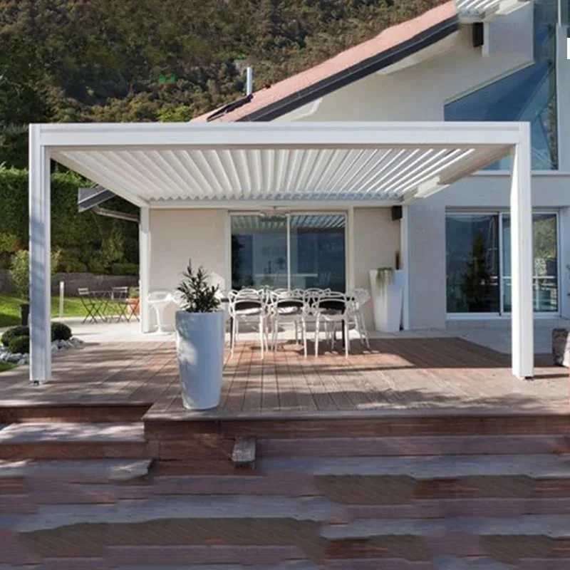 Custom-designed Motorized Louvered Gazebo with An Aluminum Alloy Frame and Motorized Louvers, Suitable for Outdoor Gardens.