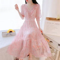 2026 Boho Dress Women Floral Print Wrap Long Holiday Dress Ruffles Female Casual V-Neck Beach A Line Beach Dress Party Vestidos
