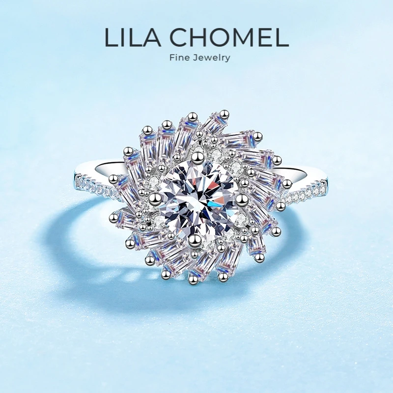 Girl Friend Valentine's Day 18K White Gold Birthday Gift Party 1CT Moissanite Diamond Women Wedding PT950 Rotating Flower Rings