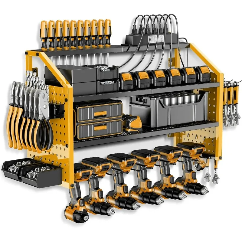 Garage 6 Drill Storage Shelf, 8 Hooks,2 Screw Boxes,6 Outlets Power Strip, Easy Install Power Tool Storage Rack.