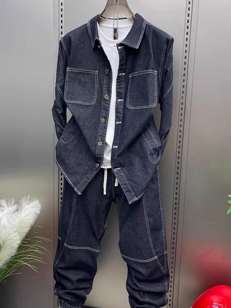 Autumn Stand Collar Men Denim Jacket Sets Loose Fit Single Breasted Coat Two-Piece Set Ankle Length Trousers Joggers Pant Outfit
