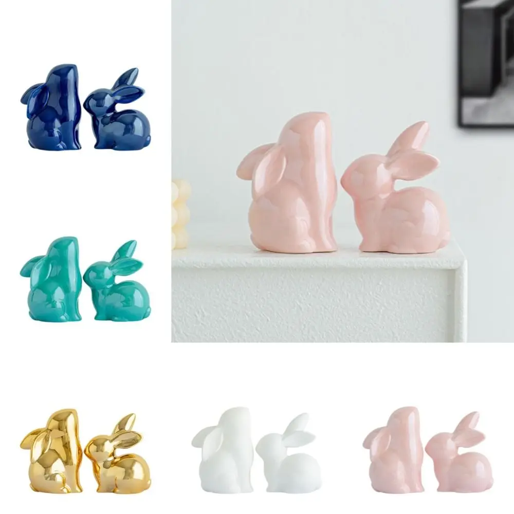 2pcs New Ceramic Bunny Ornaments Small Smooth Surface Easter Bunny Statues Gold Pink White Rabbit Figurines Holiday Decoration