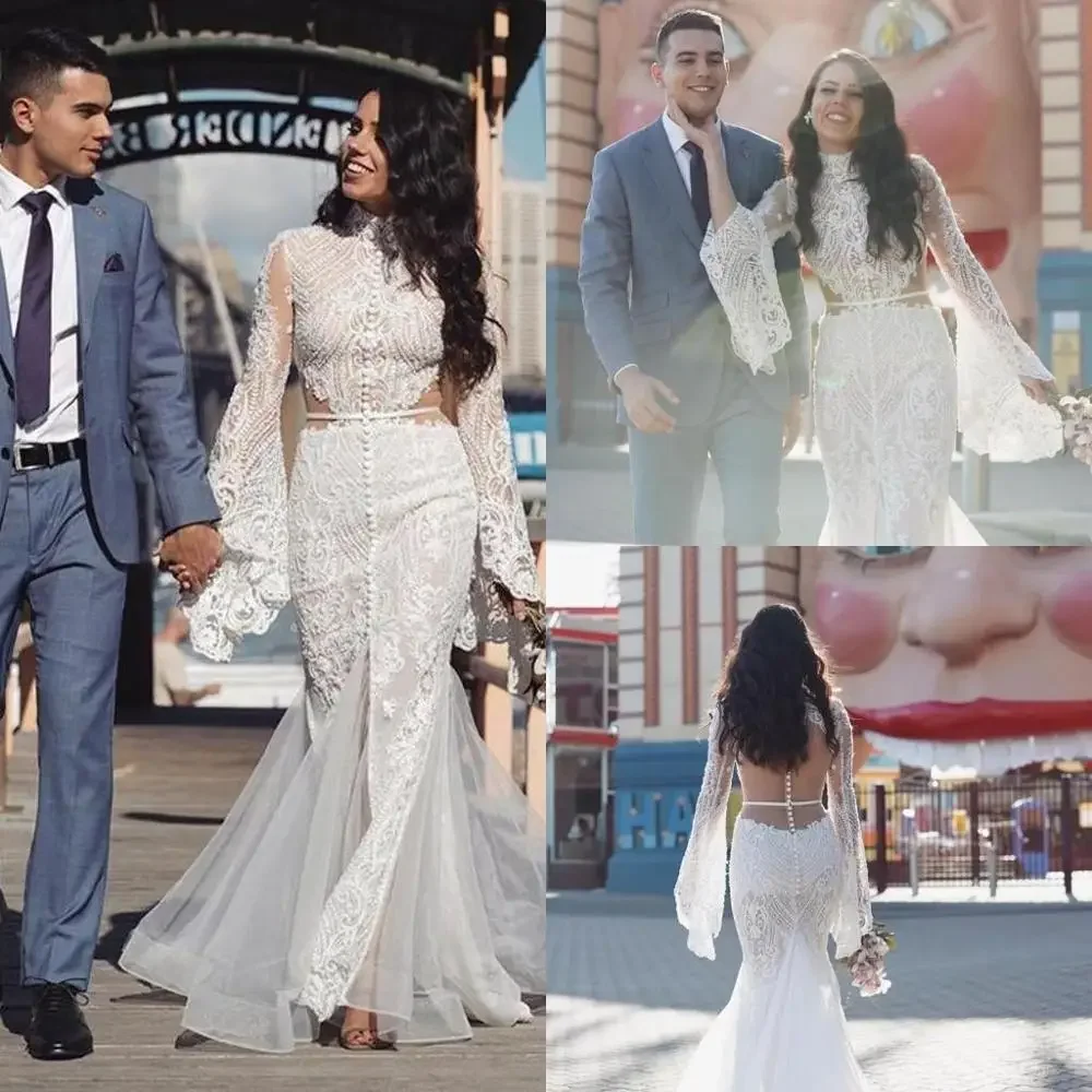 Customized  Illusion Lace Mermaid Wedding Dresses Dubai Arabic High Neck Bell Long Sleeves  See Through African Bridal Gowns