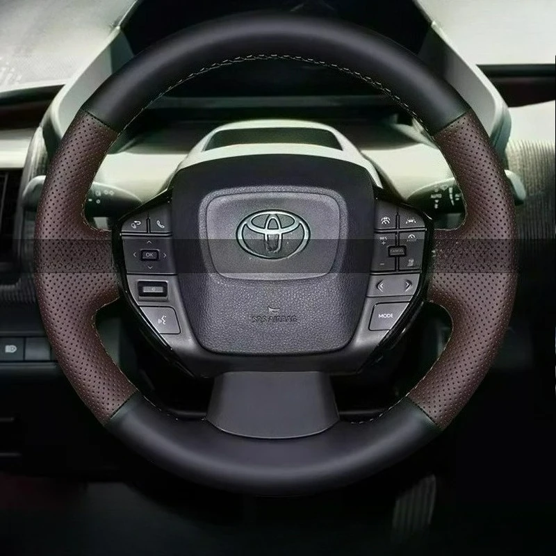 

Hand-stitched renovation wear-resistant Non-slip black dark brown leather car steering wheel cover For Toyota BZ4 2022 2023
