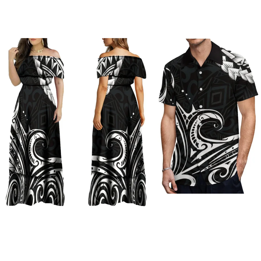 Pacific Island Art Couple Clothing Short Sleeve 2024 Summer Women'S Long Dress Polynesian Dress Men'S Shirt Custom New Design