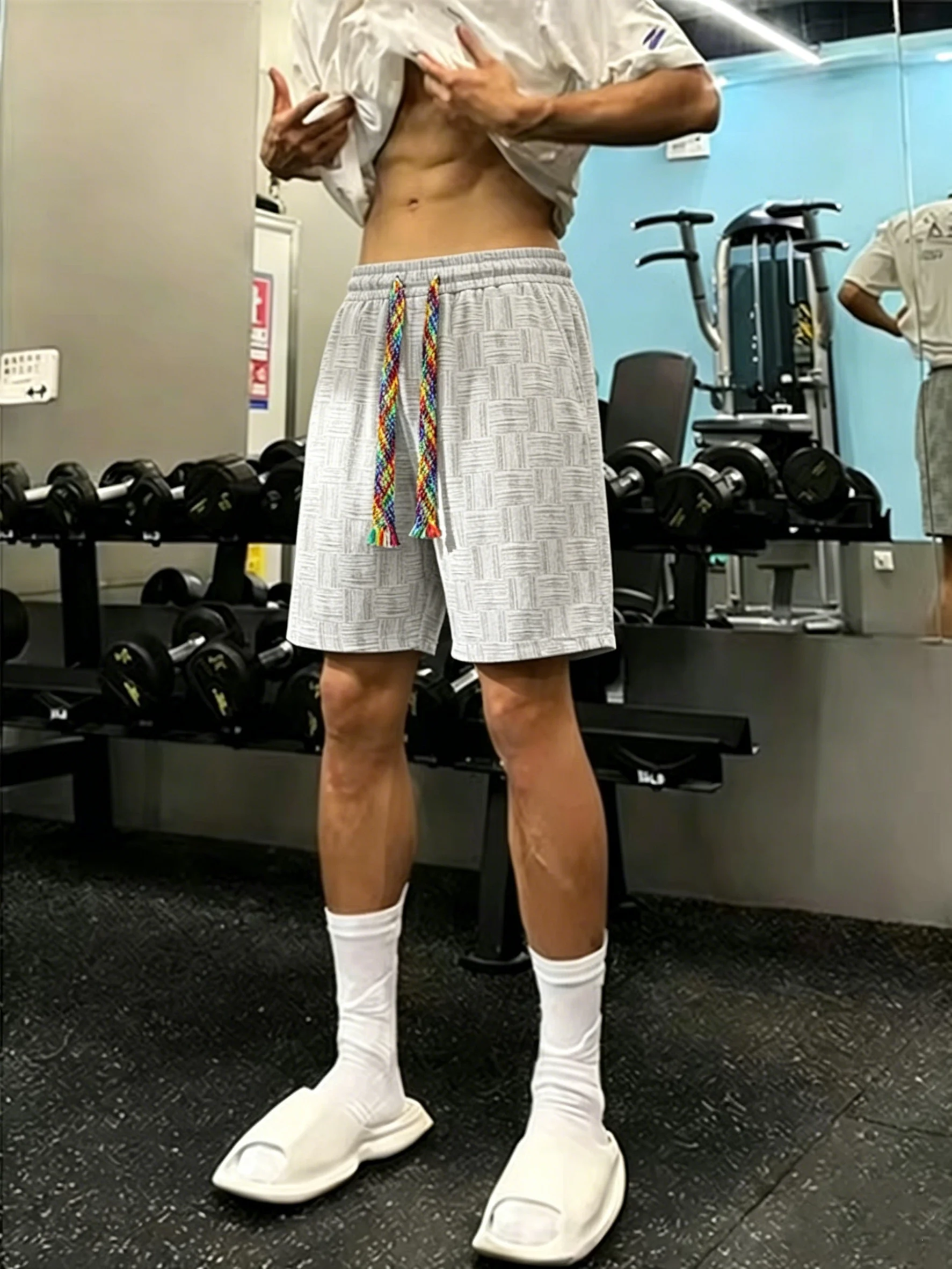 

American Dyed Grid Sports Shorts Men's Fitness Training Pants Trendy Straight Leg Five-Quarter Mid-Pants Summer Exercise