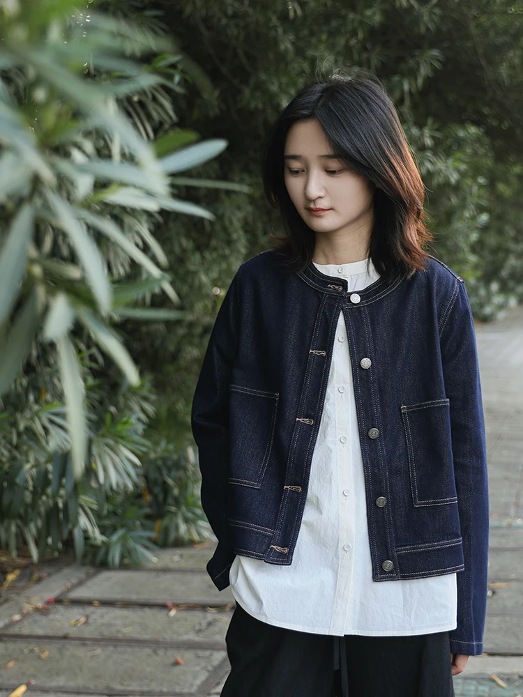 

Ретро-куртка из денима с круглым вырезом для женщин, весенняя коллекция, повседневный стиль, из хлопка, с длинными рукавами, в традиционном китайском стиле.