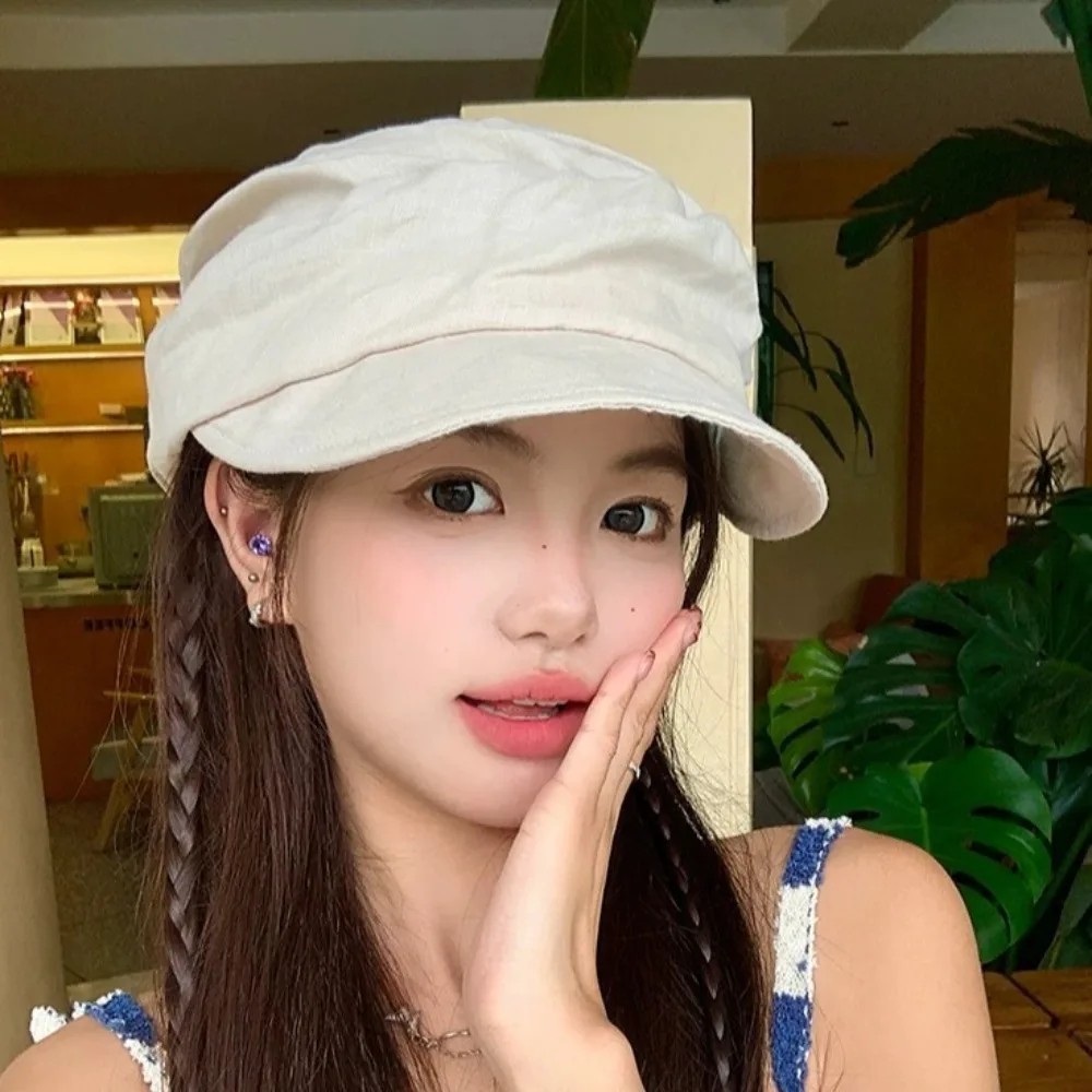 

Korean Japanese Linen Berets Classic Pleated Newsboy Hats Versatile Soft Peaked Caps Female