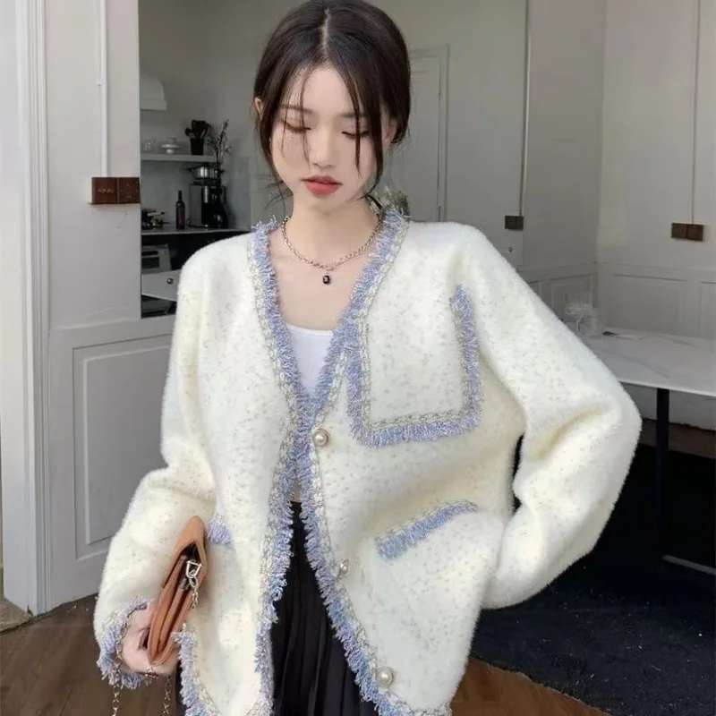 Xiaoxiangfeng Sweater Jacket Women's 2024 Autumn And Winter New Item Niche Imitation Mink Fur Western-Style Knitted Cardigan Top