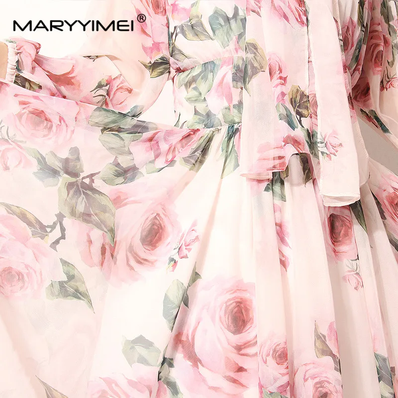 Imagem -05 - Maryyimei Primavera Verão Designer de Moda Vestido Mulheres Vestido Lenço Collar Rose Floral-print Elegante Férias Chiffon Vestidos