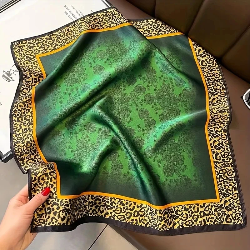 Luxury Brand Women Leopard Print Square Hijab Scarf Soft Satin Silk-like Small Neck Scarf Stylish Casual Headscarf