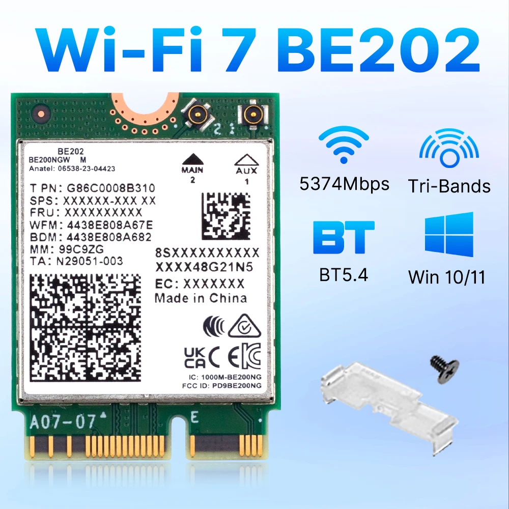 FENVI WiFi 7 For BE202 M.2 Network Card Bluetooth 5.4 2400Mbps Tri-Band 2.4G/5G/6GHz WiFi 7 Wireless Network Adapter