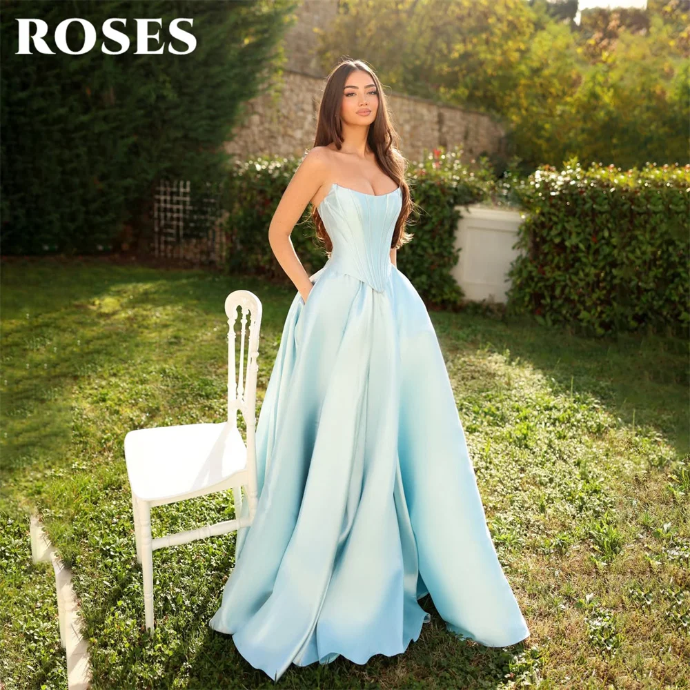 

ROSES Ice Blue Party Dress Strapless فساتين السهرة A Line Satin Night Dress with Pockets Celebrity Dress Customized