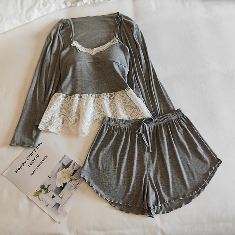

Sexy Sling Shirt Long Sleeve Top Shorts Set New Spring Summer Modal Three Pieces Suit Chest Pad Sleepwear Women's Home Pajamas