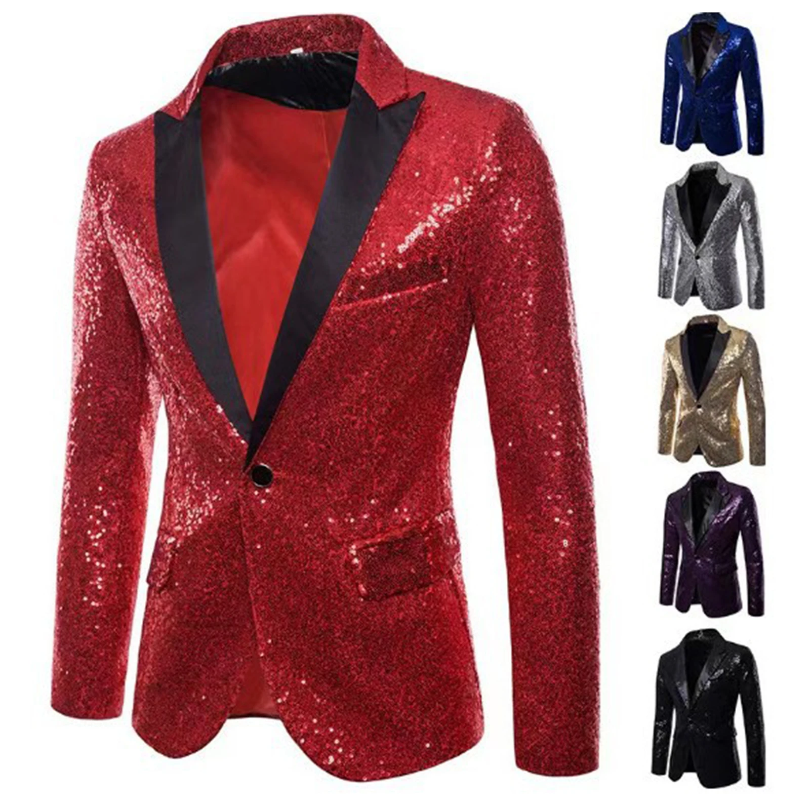 

Men's Shiny Jacket Lapel Blazer Fashion Male One Button Tuxedo Sequin Suit Coat for Dinner Banquet Nightclub Host Wedding Party