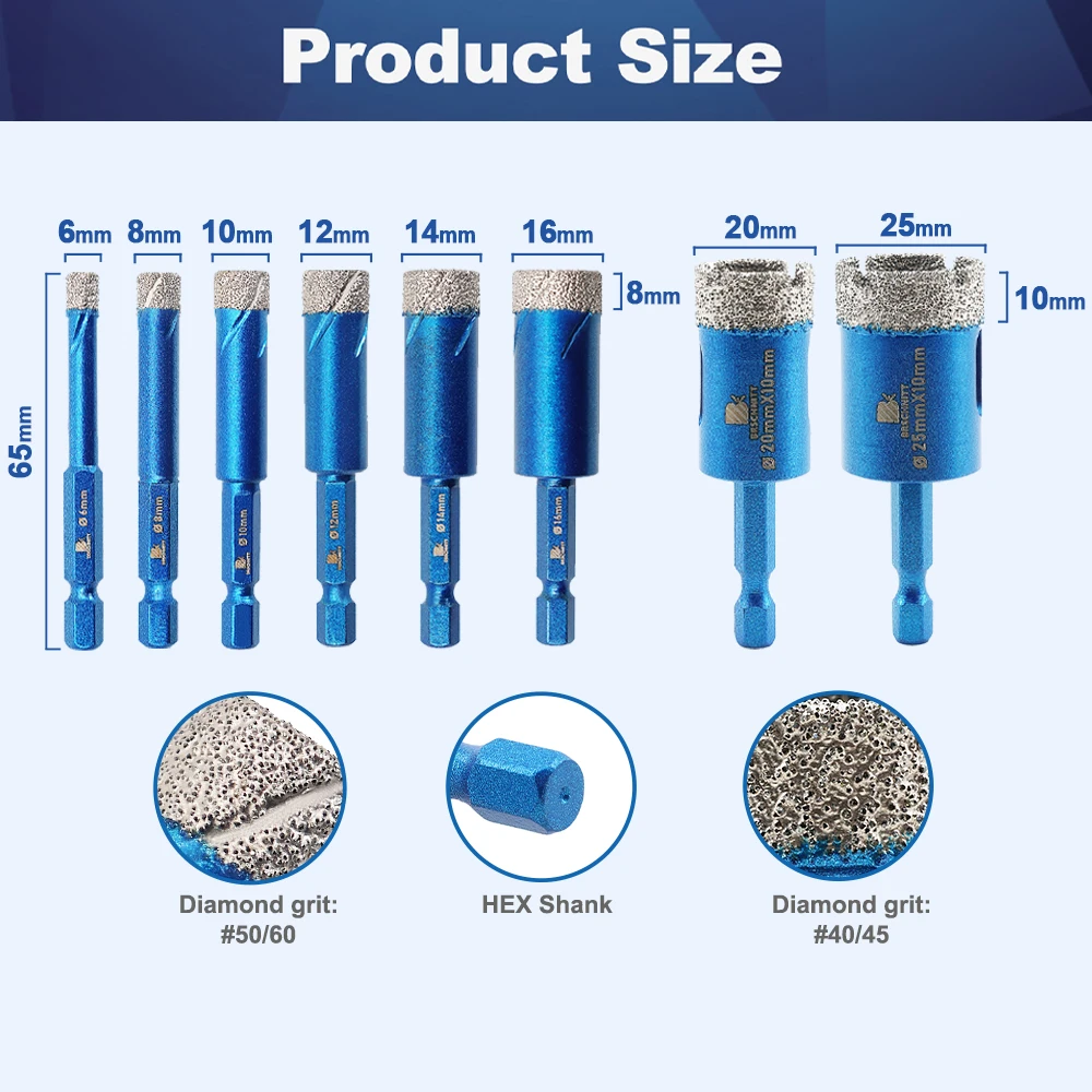 BRSCHNITT Diamond Drill Bits Quick-fit Shank Core Holes Saw For Tile Porcelain Granite Marble Diamond 6/8/10/12/14mm Hexagonal