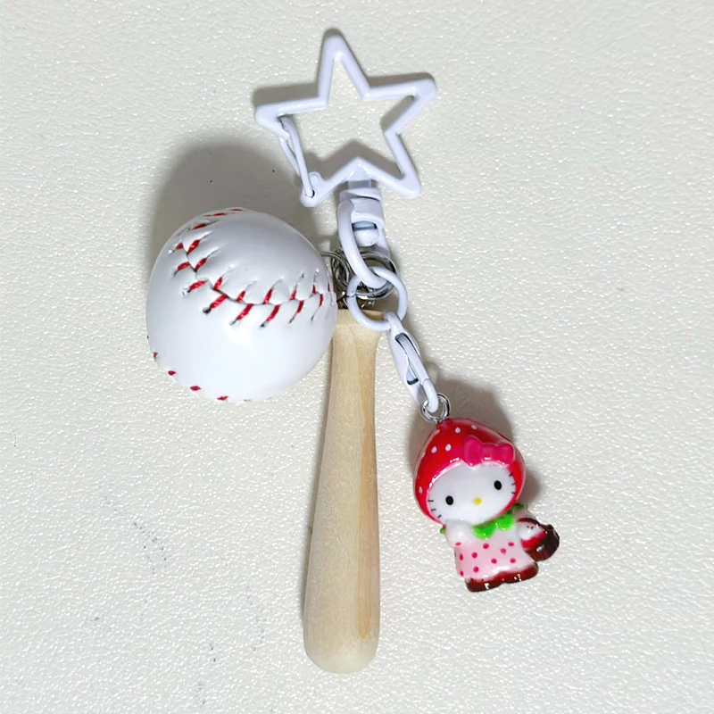 Cartoon Charms Baseball Bat Gloves Hello Kitty Keychain Kawaii Strawberry Hello Kitty Sports Keychain Bag Pendant Phone Keychain