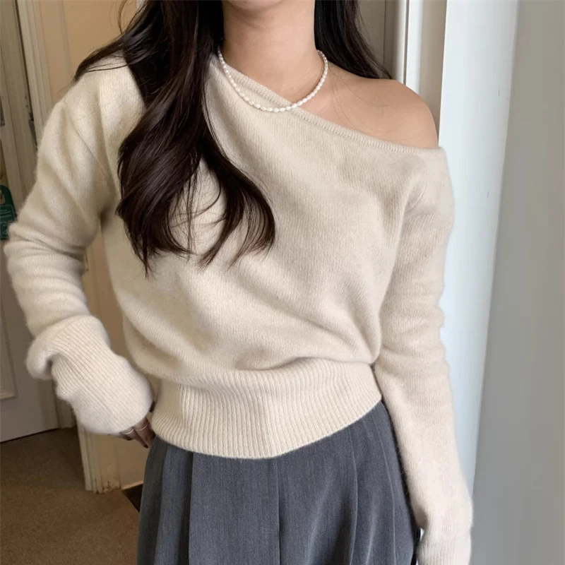 Matakawa Solid Skew Collar Women Sweaters Autumn Winter Korean Fashion Chic Elegant Pull Femme Vintage Sweet Short Pullovers