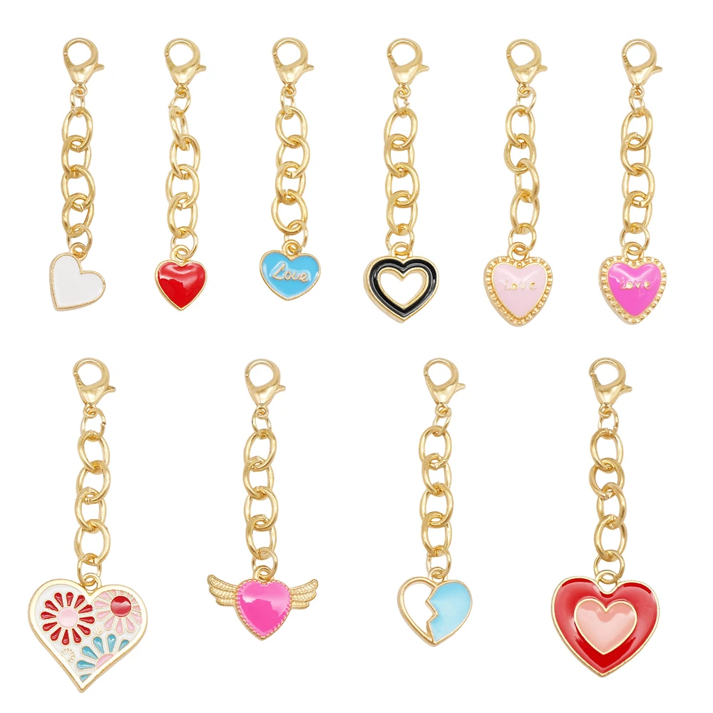 

10 шт. эмалевых подвесок в форме сердца на цепочке для самостоятельного изготовления брелков, металлические подвески-клипсы для сумок, кошельков, украшений и декоративных изделий