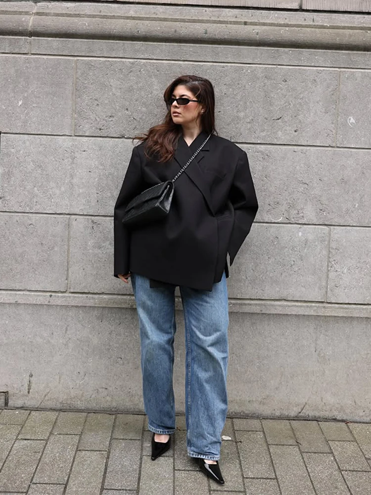 

Retro Oversized Blazer Women 2025 Lapel Coat Office Lady Commute Streetwear One Button Lady Jackets Full Sleeve Pockets Elegant