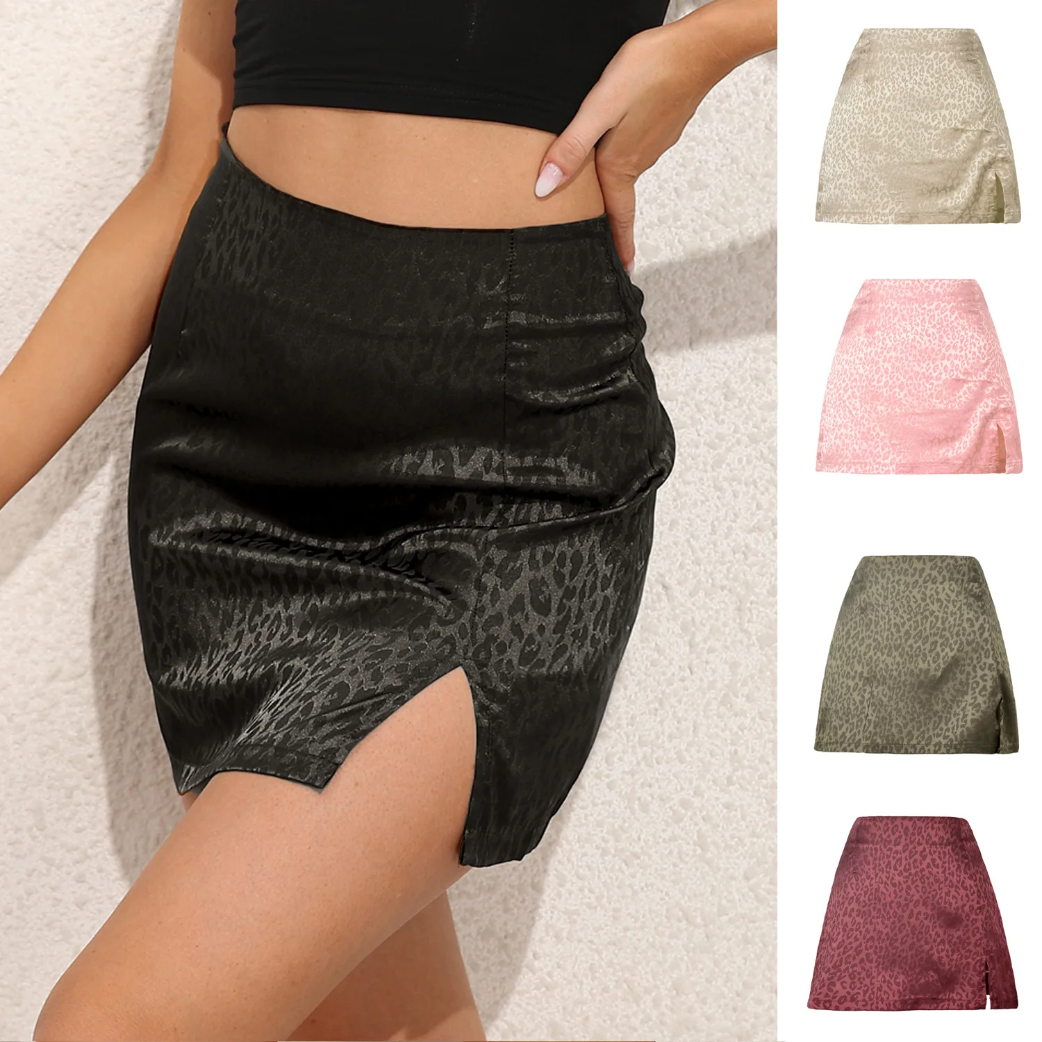 Summer Women Skirt Harajuku 2023 Leopard Grain Tall Waist Split Sexy Jacquard Satin Zipper Skirt Women Sweet Elegant WSL4603