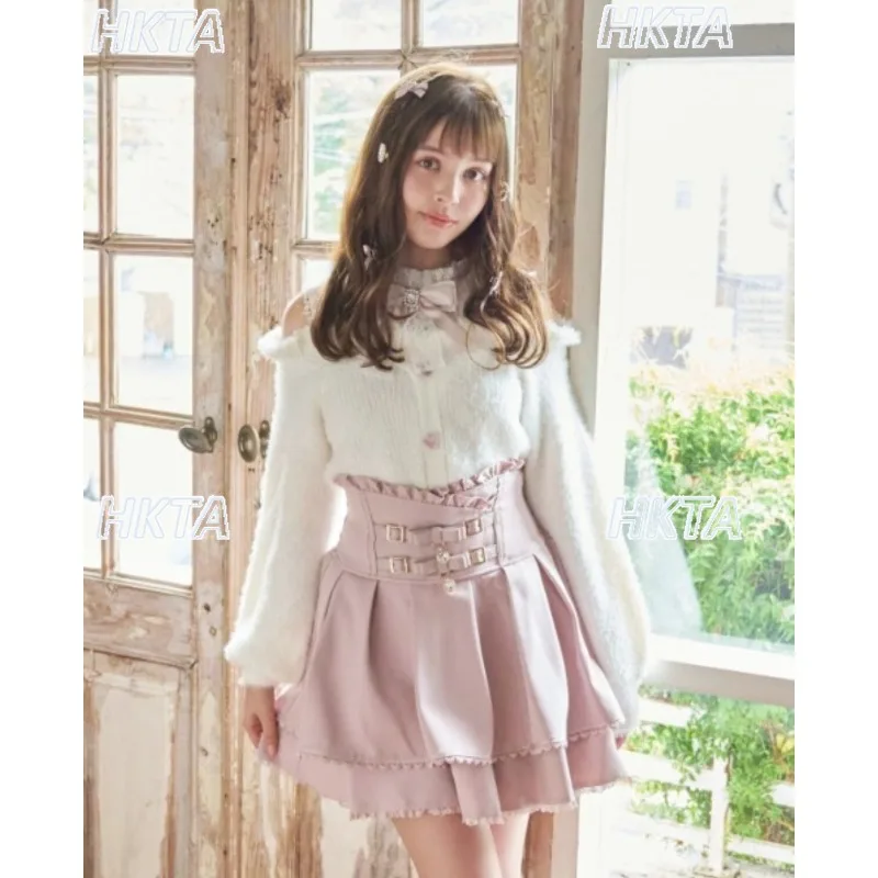 Japanese Sweaters Women Winter New Soft Lace Splicing Off-shoulder Long-sleeve Sweater Cute Sweet Bow Pullover Sweater Outerwear