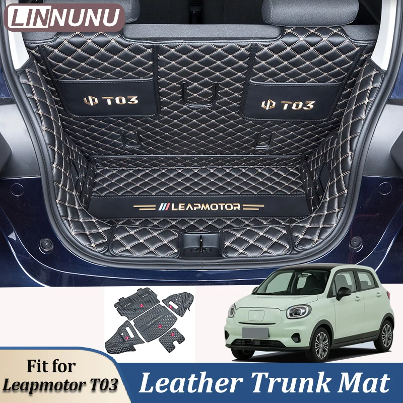 LINNUNU Trunk Mat For Leapmotor T03 2021 Tailored Boot Liner Tray Car PU Leather Rear Trunk Pad Cargo Rhombus Grid Mat Accessory