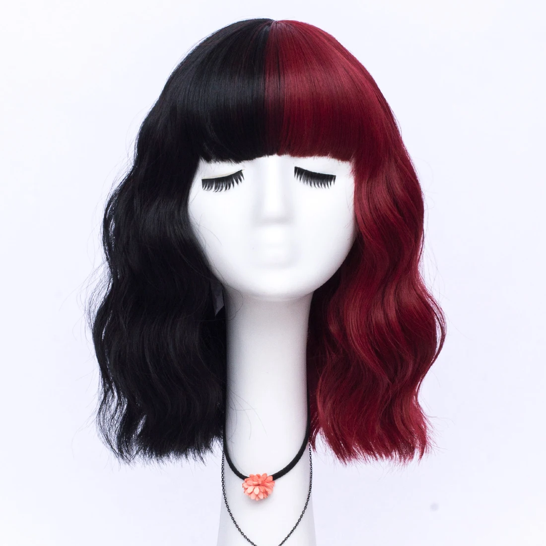Natural Look Short Wavy Red And Black Cosplay Wig with Bangs High Quality Synthetic Headgear