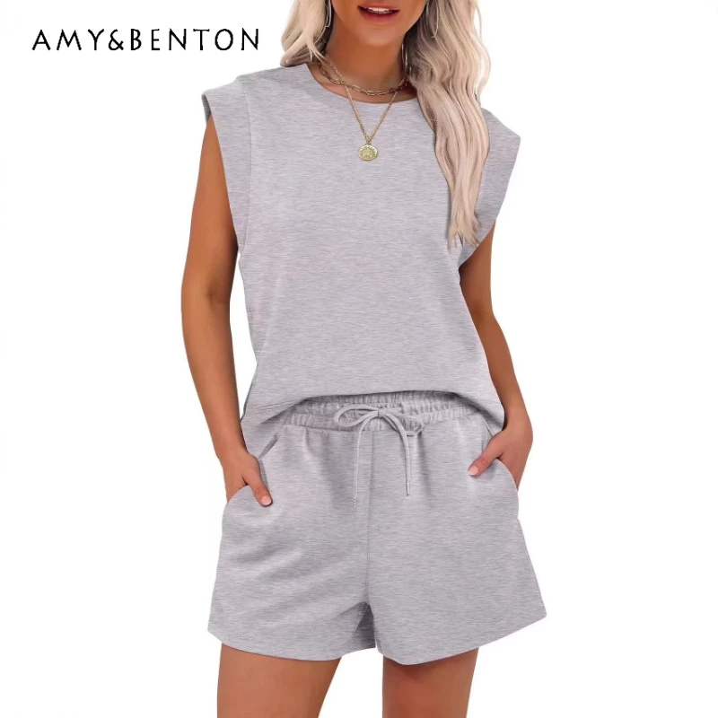

European American Design Solid Color Round Neck Women's Top 2026 Spring Summer Loose Versatile Casual Pocket Shorts Set Ladies