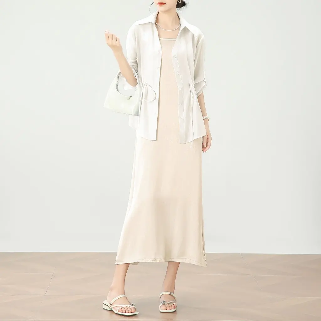 여성용 아이스 실크 펄 광택 새틴 블라우스와 스커트 투피스 세트 여름 슬림핏 룩 멜빵 원피스