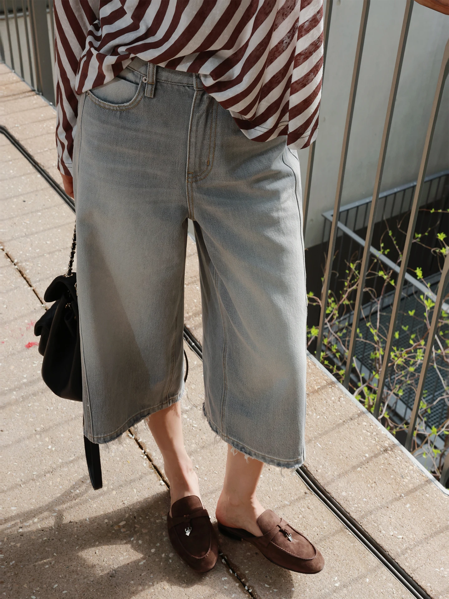 

TT Paris Grey Washed Cotton Denim Shorts Women's High Waist Straight Leg Jeans Tummy Control Summer New Style
