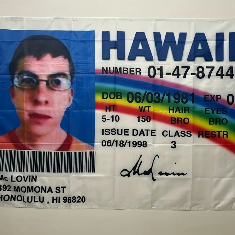 Free shipping Mclovin Flag 90x150cm Polyester Fake ID Driver License HAWAII Mclovin flags College Dorm Banner