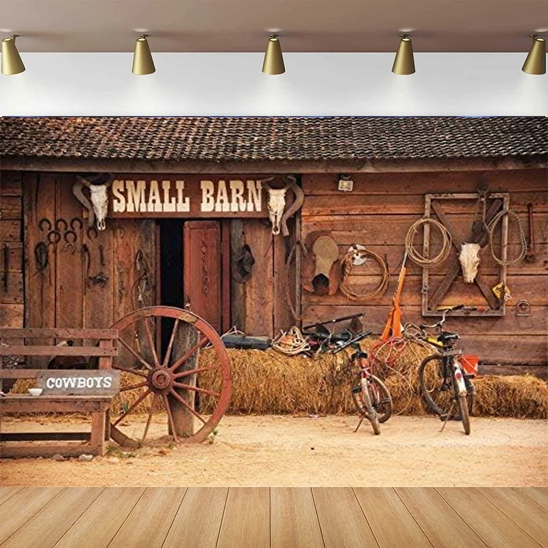 Western Cowboy Barn Photography Backdrop Wild West Country Wooden Farmhouse Front Door Haystack Bike Photo Background Poster