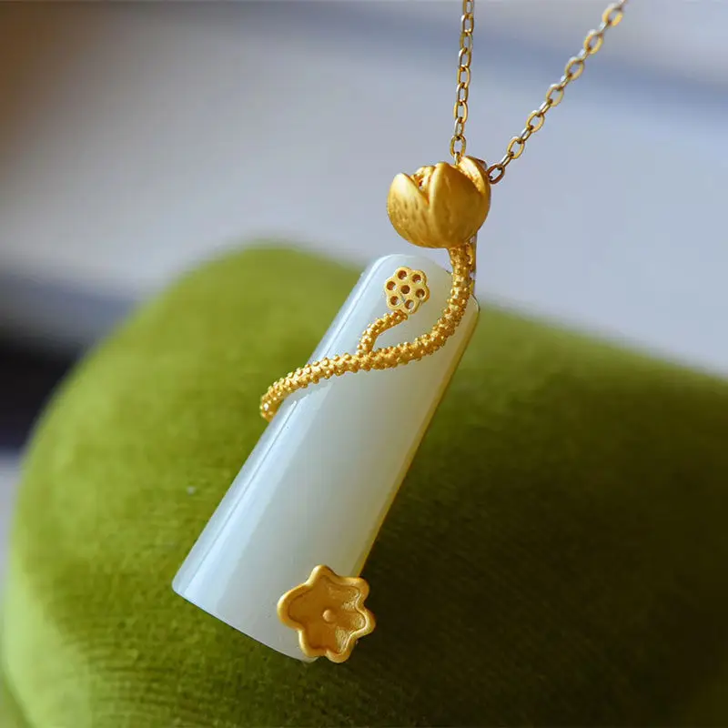 Natural Hetian Jade Pendant Ladies Necklace Chinese Court Style Unique Ancient Gold Craft Charm Various Exquisite Jewelry