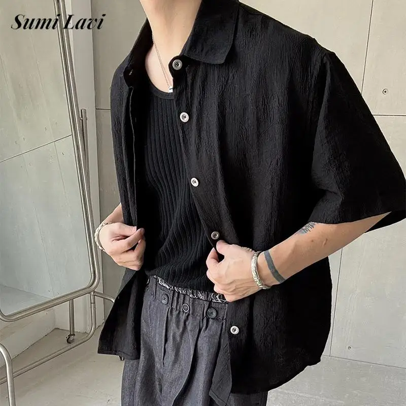 

Trendy Solid Color Mens Short Sleeve Shirt Summer Vintage Button-up Turn-down Collar Shirts Men Casual Breathable Cardigan Tops