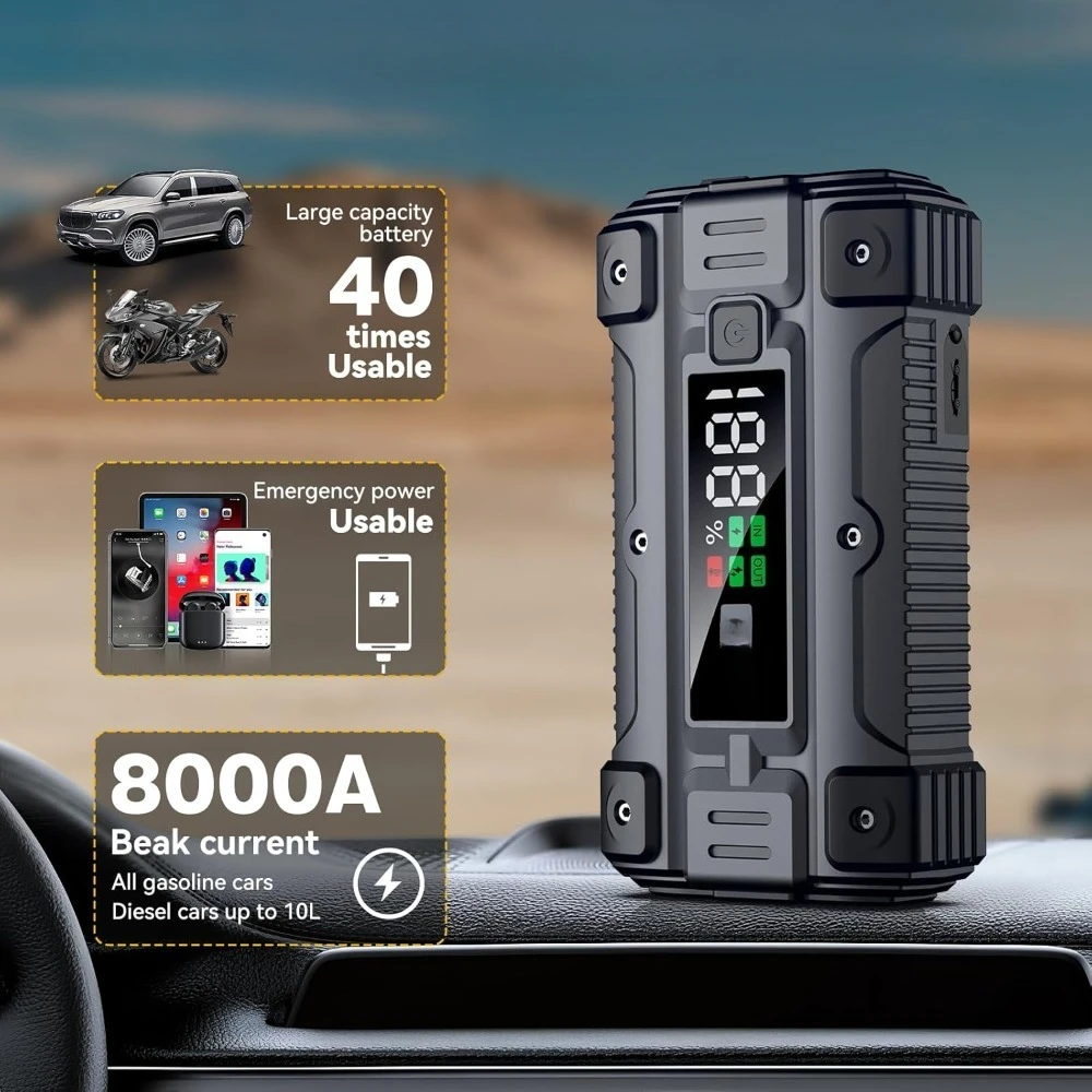 

Портативное пусковое устройство для автомобиля 8000А (пиковый ток) 26800 мАч 12В с интеллектуальным зарядным кабелем и LED-индикатором для всех бензиновых и дизельных двигателей