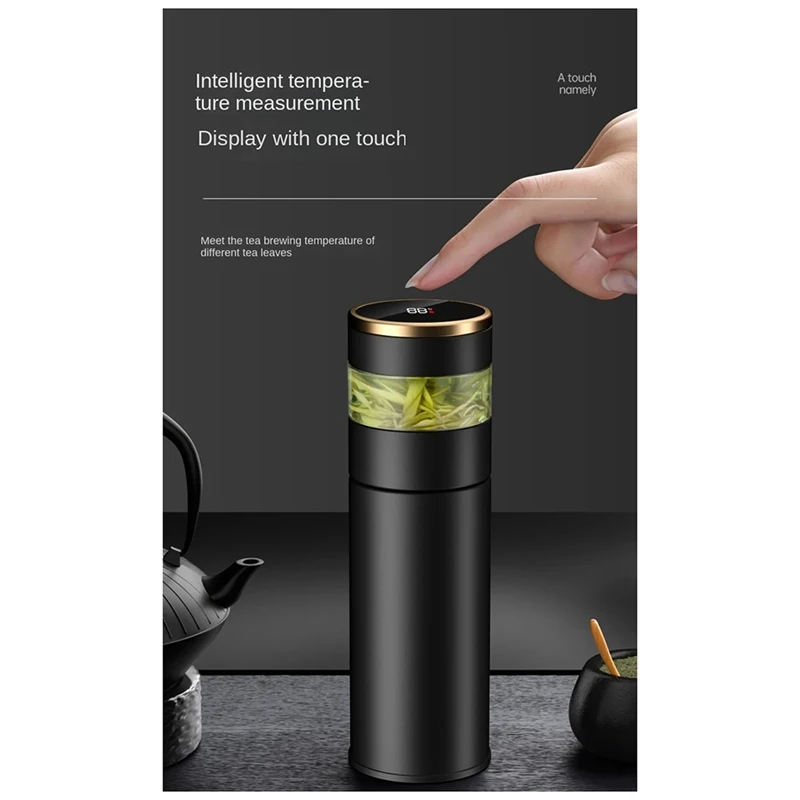 Tea Infuser Vacuum Flask Temperature LED Display 450Ml Insulated Cup Stainless Steel Bottle Travel Coffee Mug-FABY