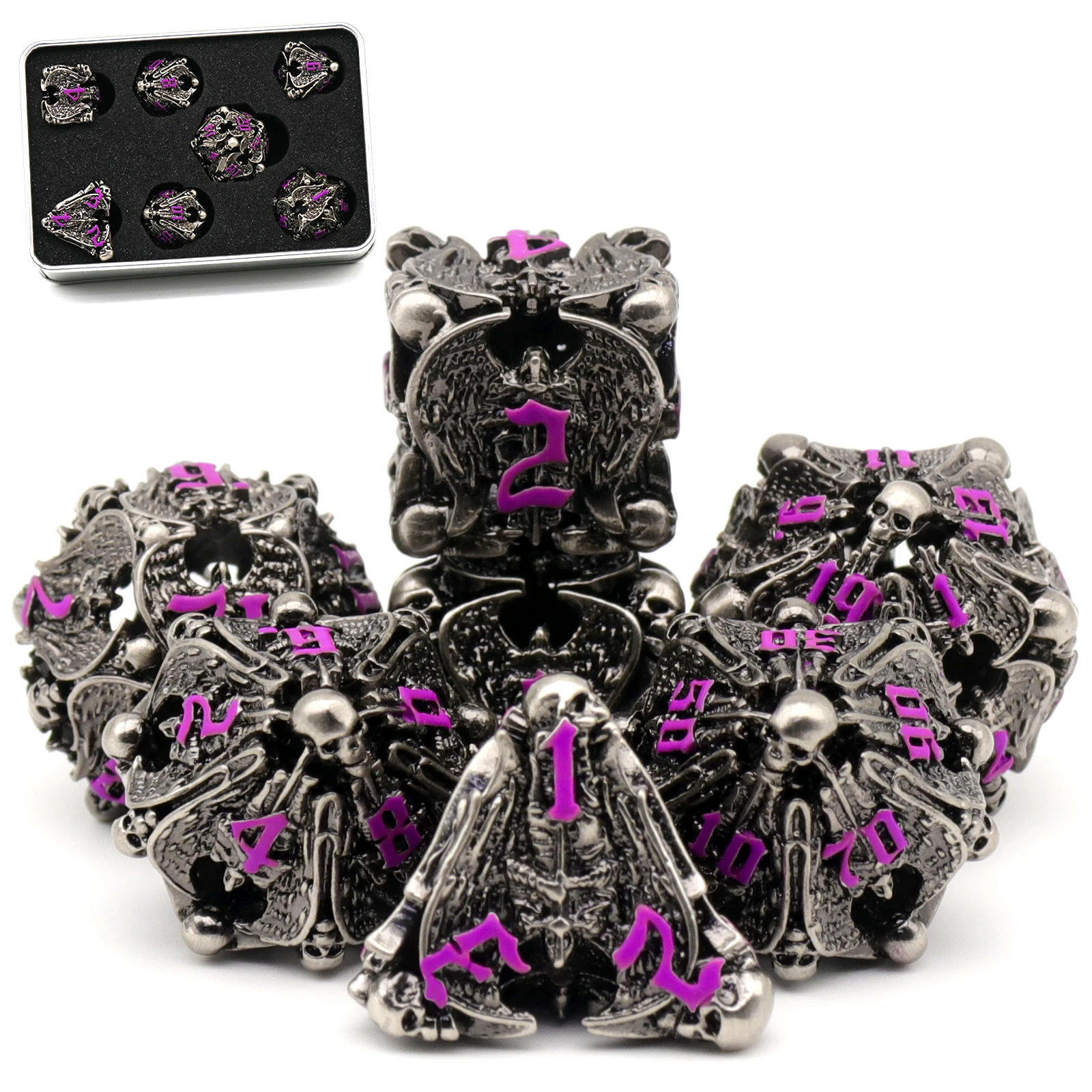 

Hollow Metal DND Dice Set,ZHOORQI 7PCS D&D Dice Set for Role Games,Pathfinder,Table Games (Purple Number)