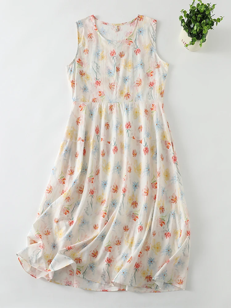 Floral Print Maxi Dress Sleeveless Korean Style Elegant Women's High-End Brand Casual Summer Dress