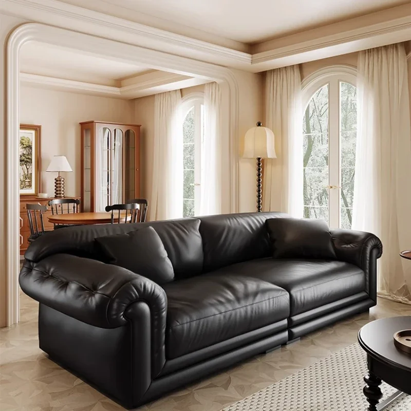 Modern simple leather sofa, first-layer cowhide large apartment double, black straight row combination office