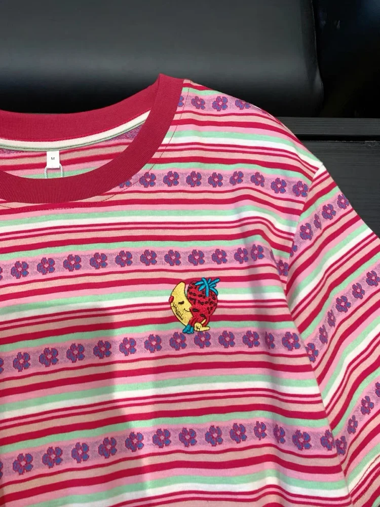 Cseta sex de Verão com Estampa Floral Vermelha Retro, Decote Redondo e Mangas Curtas, Estilo Coreano, Versátil e Sem I...