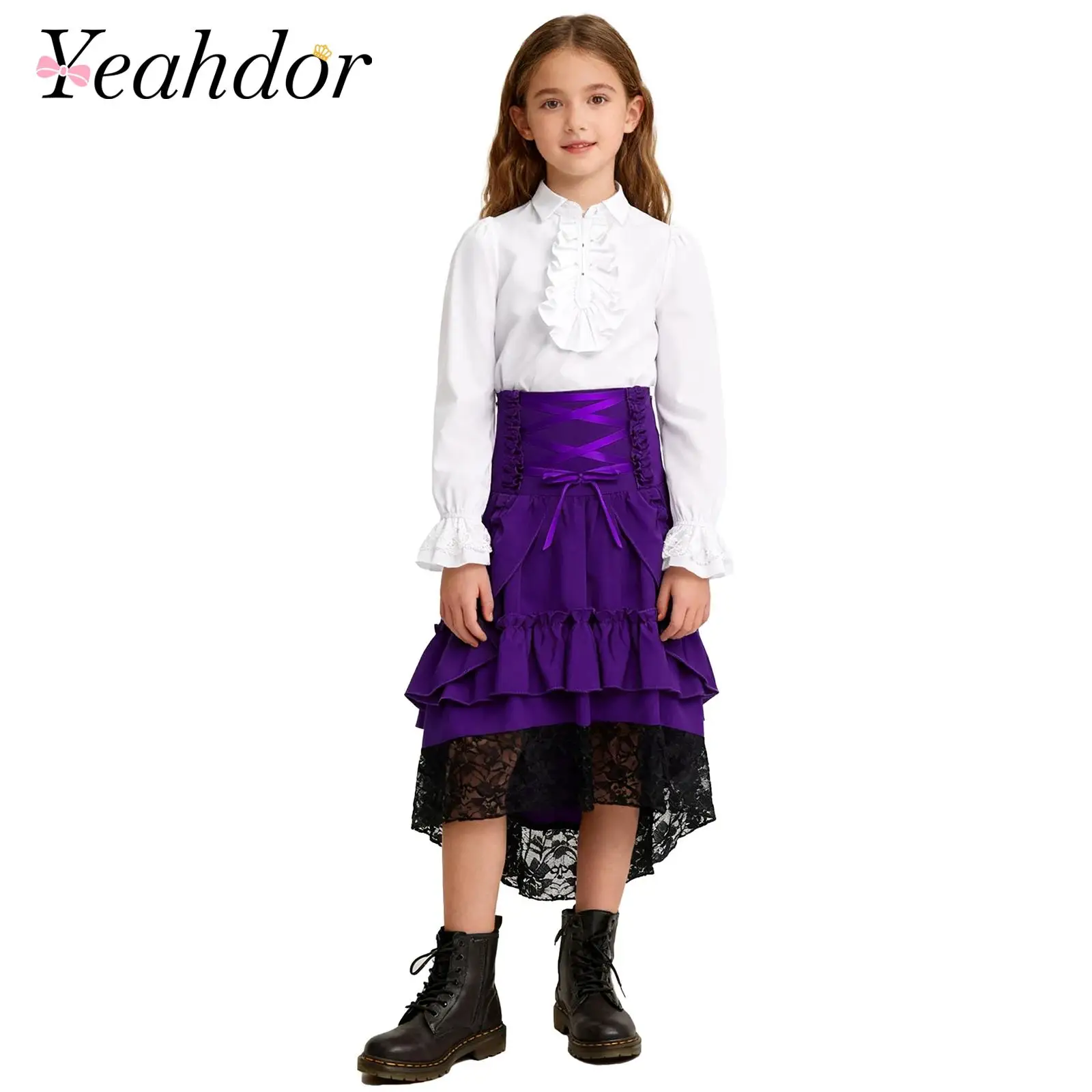 Kids Girls Medieval Renaissance Costume Suit Long Sleeve Ruffle Lace Cuffs Shirt Layered Skirt with Tiered Skirt Children Sets