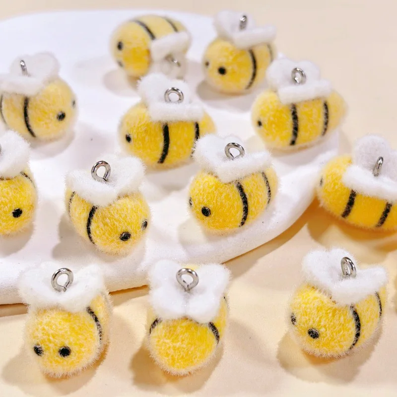New arrived 50pcs/lot color print animals cartoon bee shape resin Flocking effect beads diy jewelry garment hair accessory