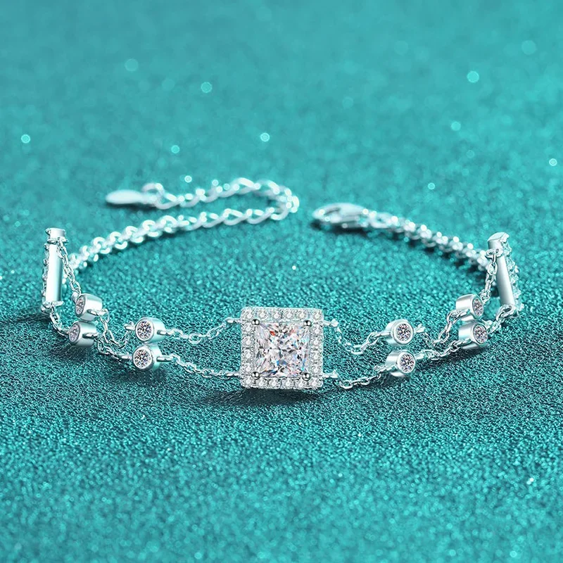 New Style Handmade Treasure Square Double Chain, PT950 Platinum Girls 1ct  Moissanite Diamond Simple Bracelet for Women Jewelry