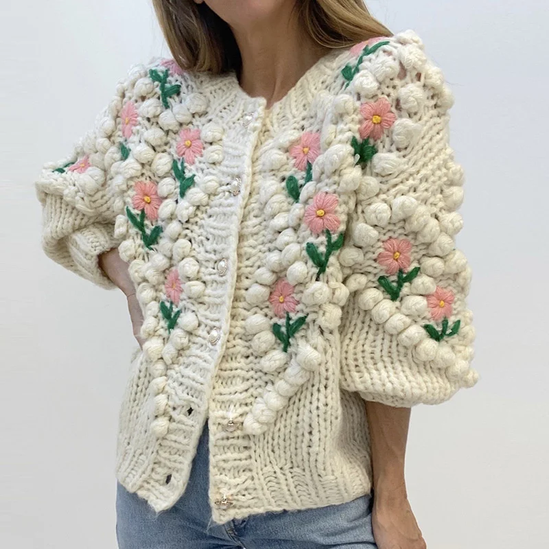 OMCHION Casaco Feminino Inverno 2023 Winter Crocheted Embroidery Sweater Coat Women Casual Twist Pearl Button Knitted Cardigan