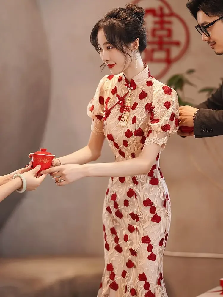 

Cheongsam New Young Girl Modified Version Of Daily Dress French Sexy Summer Party Dress Elegant Fashion Wine Red Cheongsam