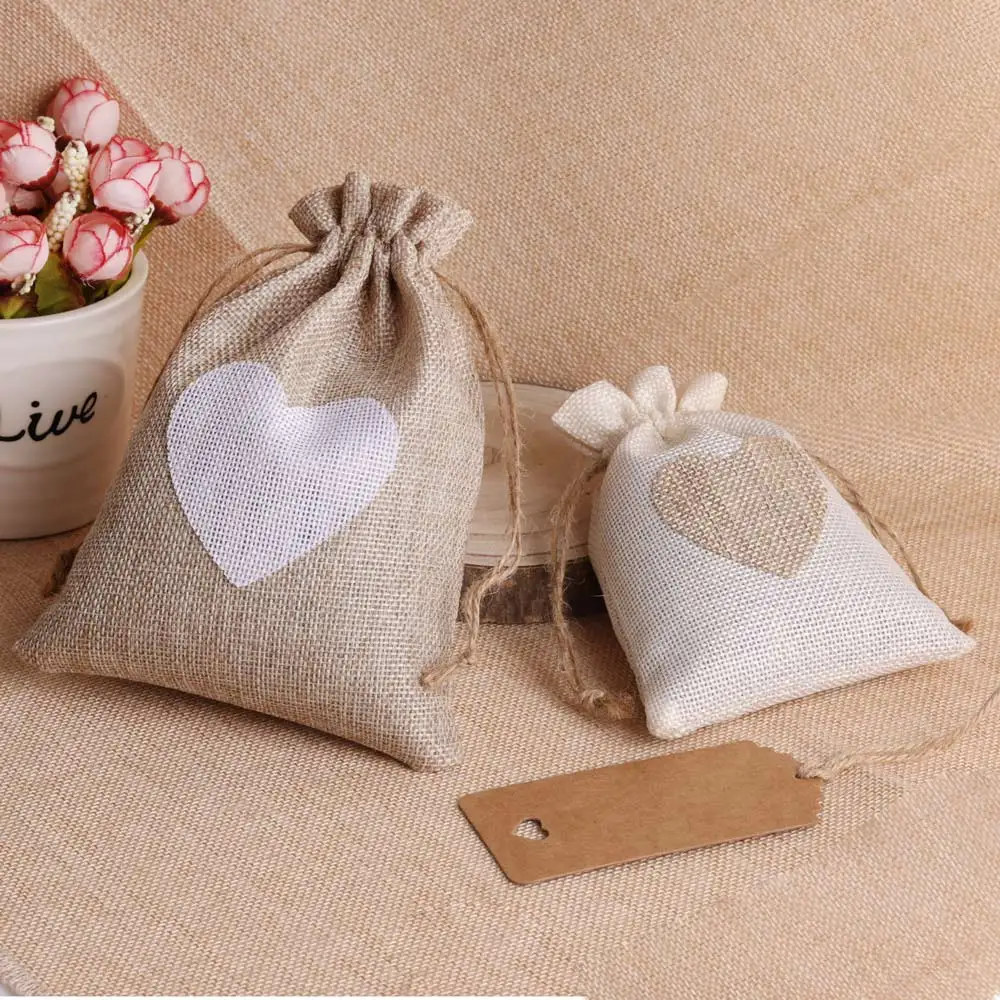 5pcs/lot Heart Linen Jewelry Bag Drawstring Pouch Decoration Pocket For Jewelry Packaging Christmas Wedding Gift Bag