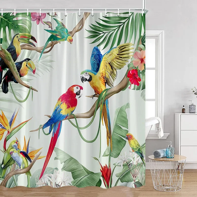 Birds Shower Curtains Parrots Hummingbird Tropical Plant Leaves Flowers Botanical Bathroom Curtain Modern Polyester Bath Curtain