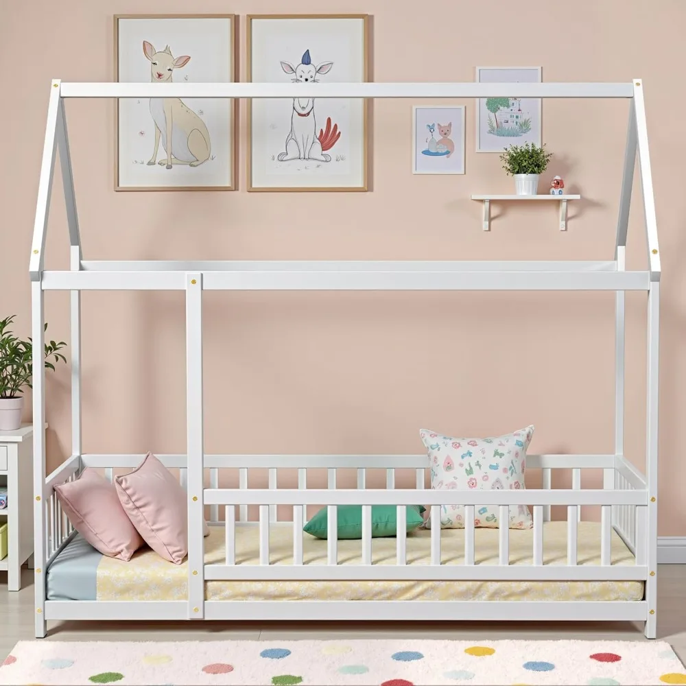 

Twin Floor Bed Frame with Safety Fence Wooden Montessori House Bed for Kids Boys Girls White